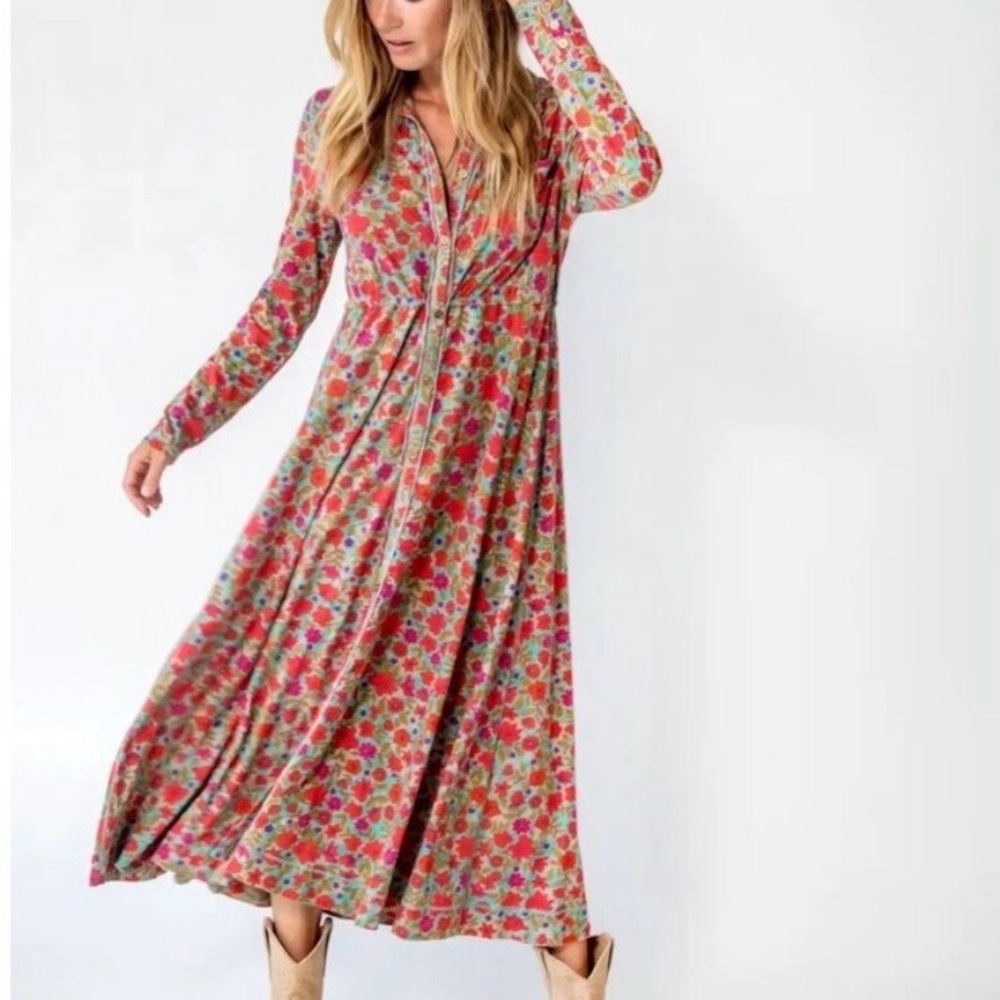 Natural Life Christa Maxi Dress XL floral pink, orange, teal on tan background